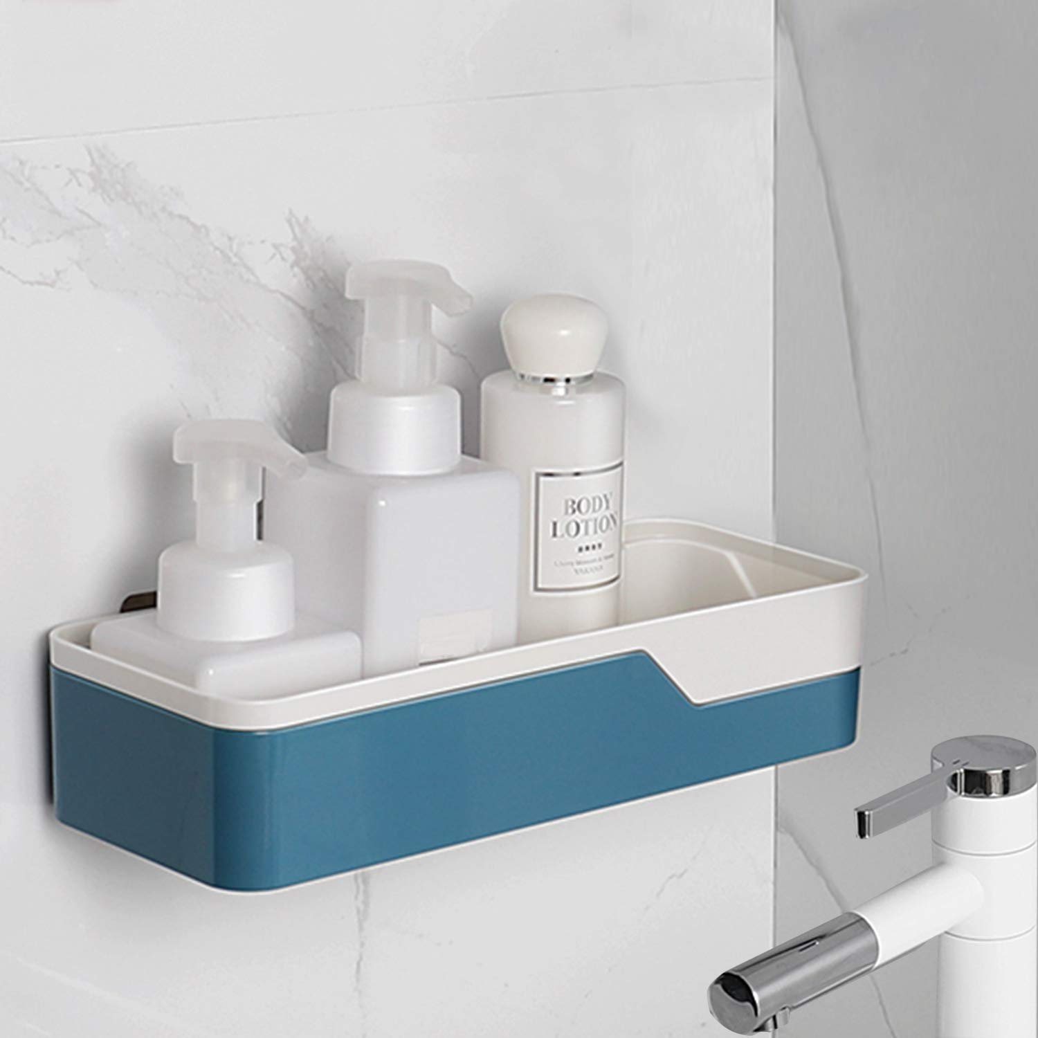 Magic Sticker Series Self Adhesive Plastic Bathroom Shelf Shower Caddy Standard, Blue