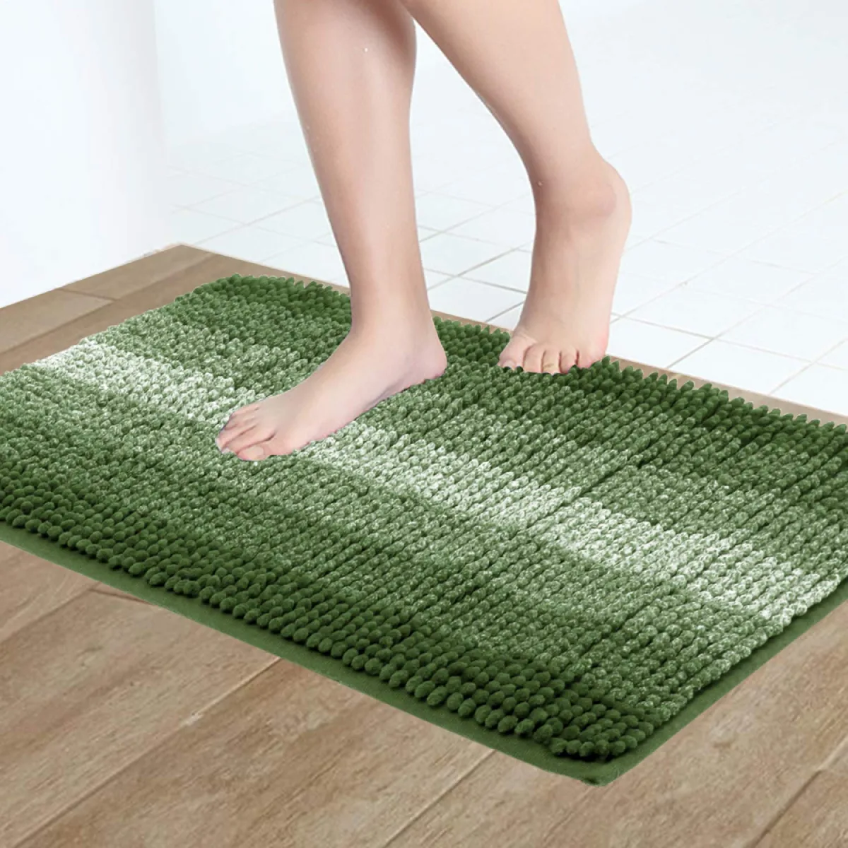 HK BM GRN pic9 HOKIPO® Striped Bathroom Mat Microfiber, Antiskid, Machine Washable (40 x 60 cm, Green)