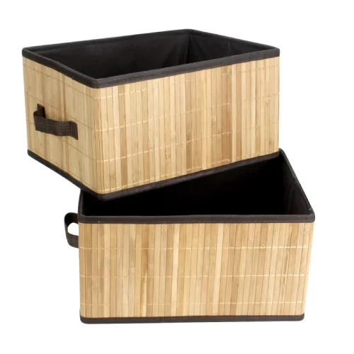 HomeStorie Eco-Friendly Foldable Natural Bamboo Storage Basket Bins Organizer, Pack of 2, Brown, Large