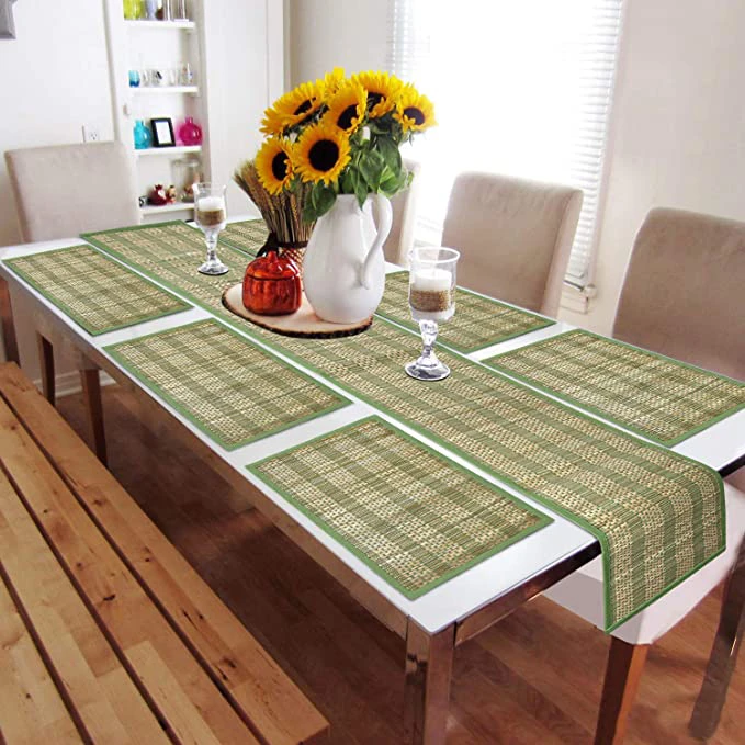 HS RG TMAT6 RNR GRN pic2 HomeStorie® Natural Handmade River Grass Set of 6 Heat Resistant Table Mats with Dining Table Runner, Green