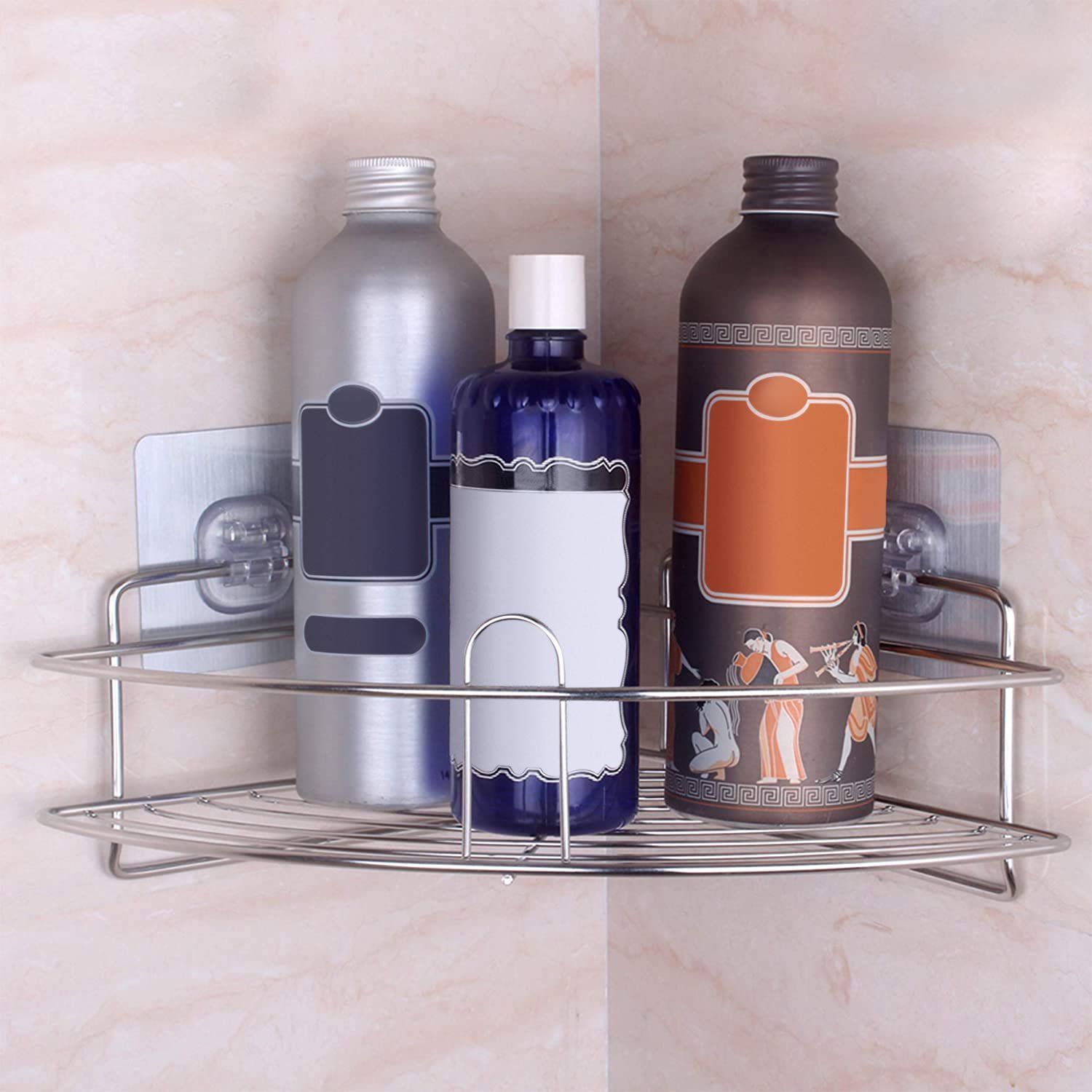 Magic Sticker Series No Drill Stainless Steel Wall Mounted Bathroom or Kitchen Corner Shelf - Large