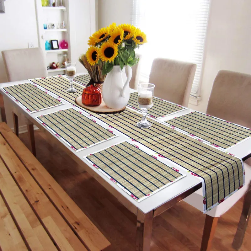 HS RG TMAT6 RNR BGE pic2 HomeStorie® Natural Handmade River Grass Set of 6 Heat Resistant Dining Table Mats with Runner, Beige