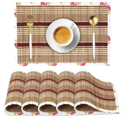 HomeStorie® Natural Handmade River Grass Set of 6 Heat Resistant Dining Table Mats with Runner, Maroon