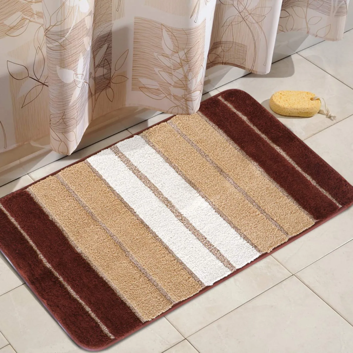 HOKIPO® Striped Bathroom Mat Microfiber, Antiskid, Machine Washable (Large, 50 x 80 cm, Brown)