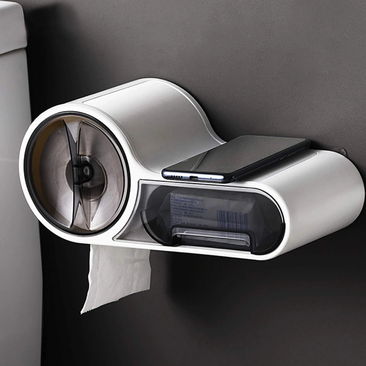 HOKIPO® Magic Sticker Series No Drill Toilet Paper Holder Dispenser with Storage Compartment - 100% Waterproof