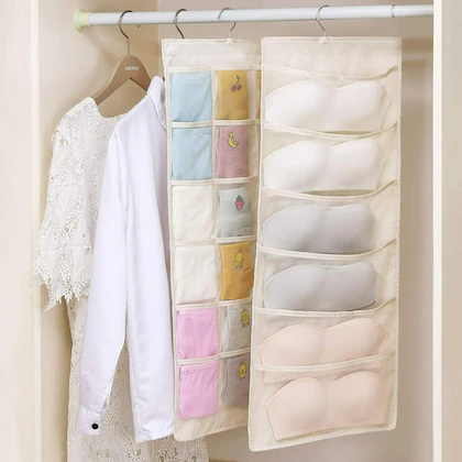 Hokipo Double Sided 18 + 6 Pockets Clear Hanging Bag Socks Bra Underwear  Rack Hanger Storage Organizer Wall Hanging Closet Shelves Storage Pockets  Non Woven Material – Beige - BlushBEES Clothes Storage Boxes & Home  Organizers