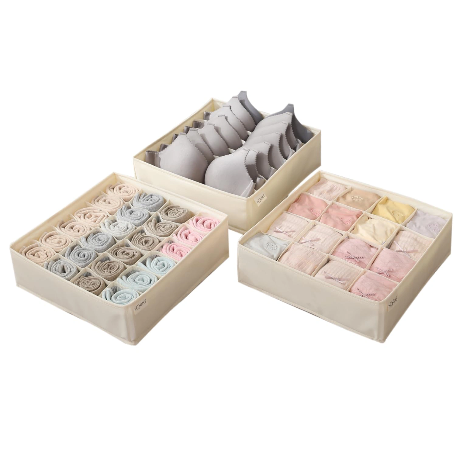 HK-PR-UG3-BG-PIC1 Fabric Undergarment Organizer Storage Box for Drawers Bra Panty Socks Tie Lingerie Organizer for Wardrobe, Pack of 3, Beige