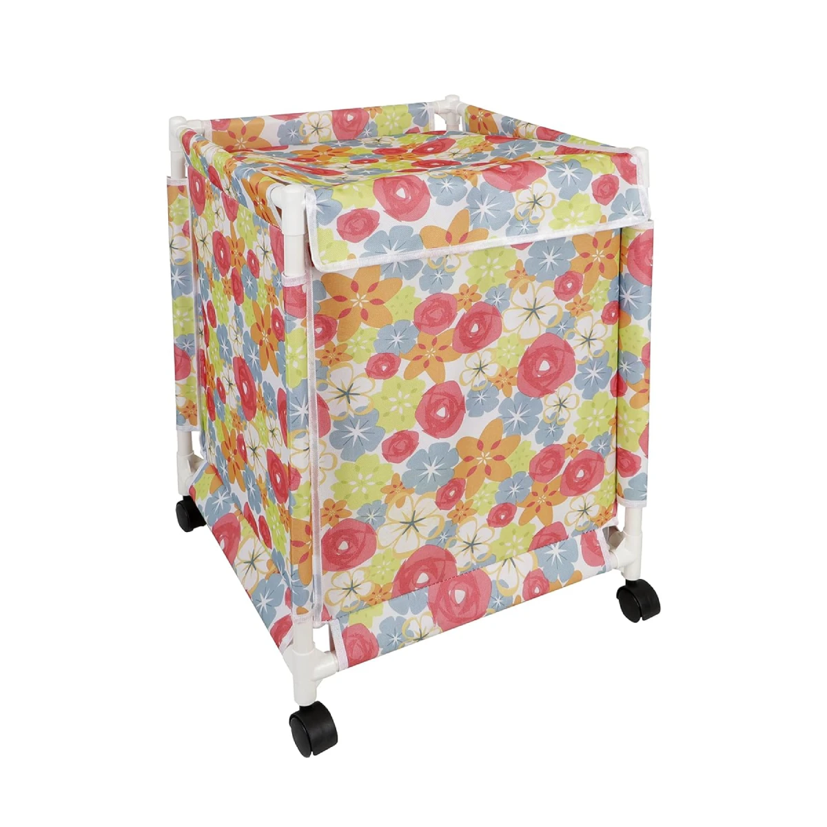 HK-LB-WH-Multi-New-Pic1 Oxford Fabric Laundry Basket With Wheels | Large Laundry Hamper with Lid Cover | Rolling Laundry Clothes Basket Trolley, 60x44x44 cm, Multicolor