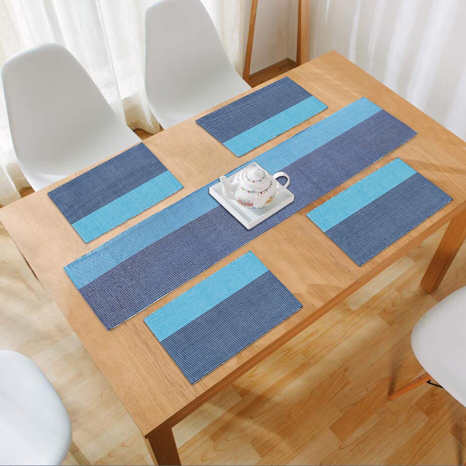 New Cotton Ribbed Washable 4 Table Mats with Runner, Sky Blue New Cotton Ribbed Washable 4 Table Mats with Runner, Sky Blue