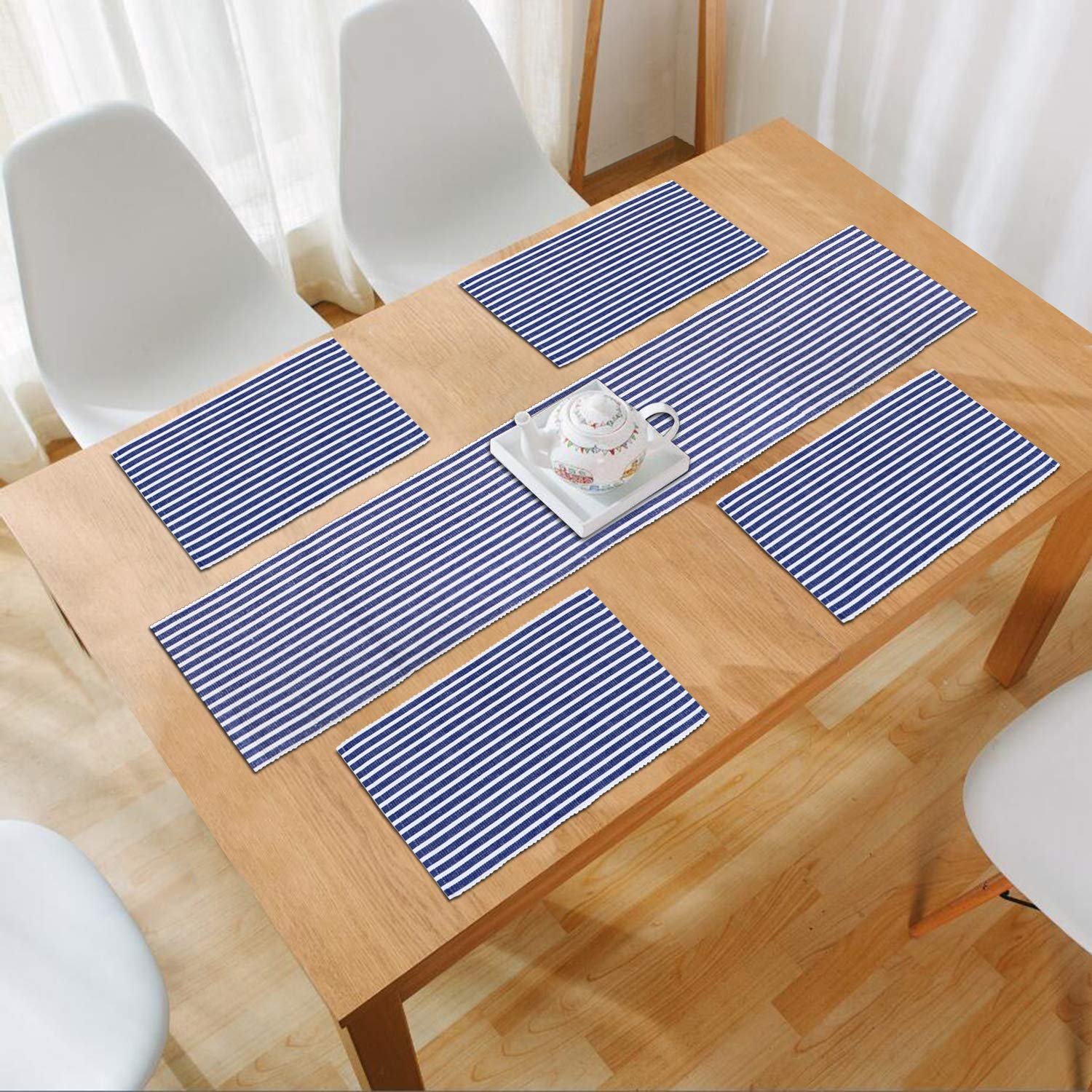 New Cotton Ribbed Washable 4 Table Mats with Runner, Stripped Blue New Cotton Ribbed Washable 4 Table Mats with Runner, Stripped Blue