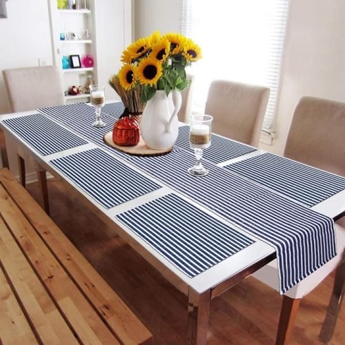 New Cotton Ribbed Washable 6 Table Mats with Runner, Stripped Blue