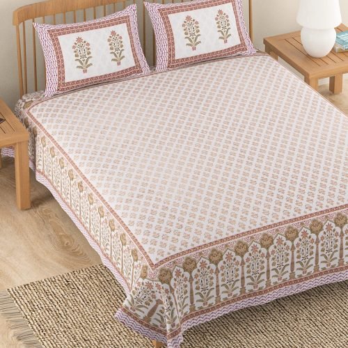 New 100% Cotton Ethnic Jaipuri Sanganeri Hand Block Printed King Size Double Bedsheet with 2 Pillow Covers, 300 Thread Count Jaipuri Gold Mystic Range - Size 100 x 108 Inches (Maple Leaves)