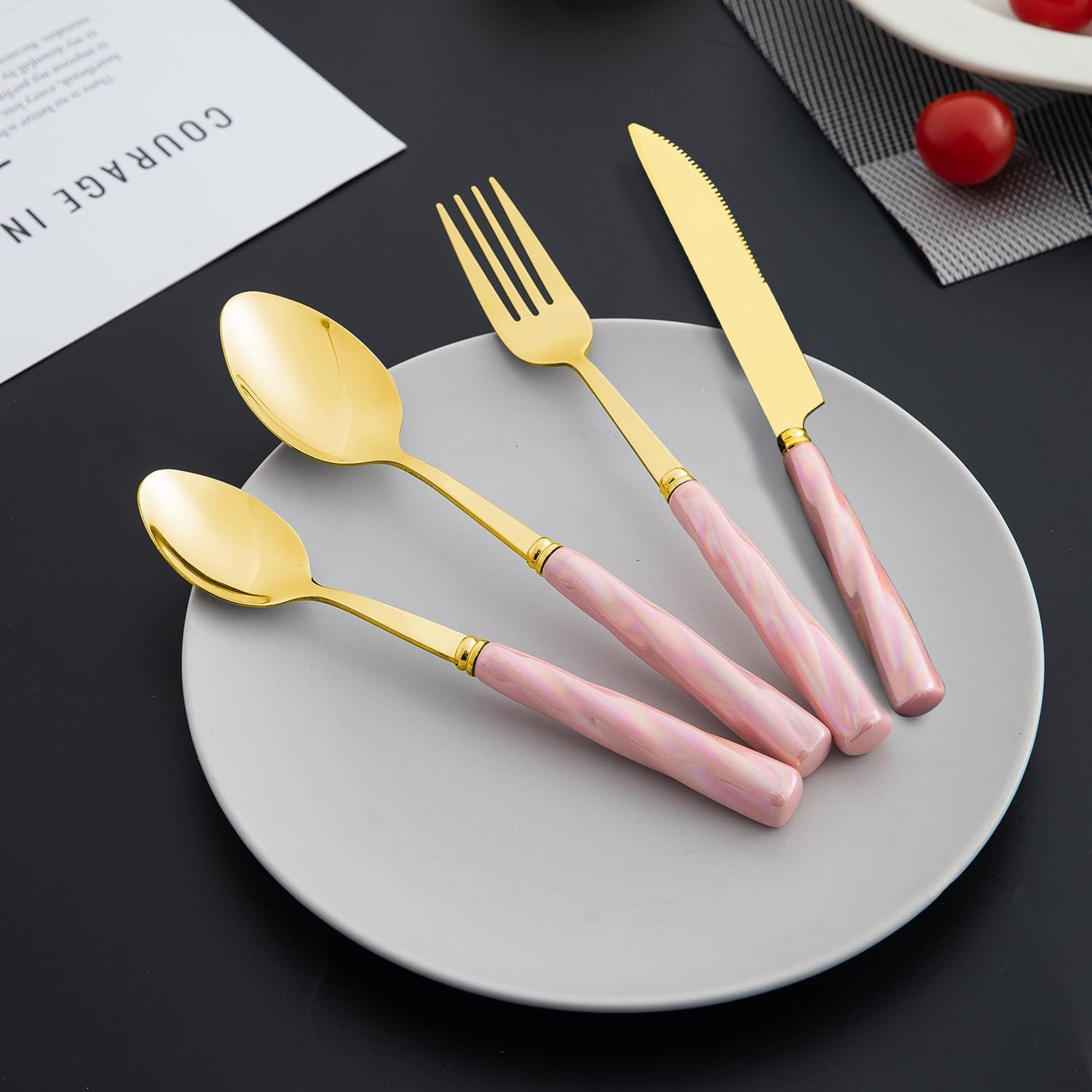 New Luxurious Ceramic 24Pcs Gold Designer Cutlery Set of 6 Spoons, 6 Knives, 6 Fork and 6 Tea Spoons, Peach New Luxurious Ceramic 24Pcs Gold Designer Cutlery Set of 6 Spoons, 6 Knives, 6 Fork and 6 Tea Spoons, Peach