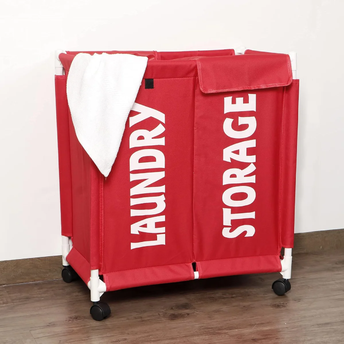 New Oxford Fabric Sorter Laundry Basket with Wheels | 2 Compartment Laundry Hamper with Lid Cover | Rolling Laundry Clothes Basket Trolley, 65x61x35 cm, Red New Oxford Fabric Sorter Laundry Basket with Wheels | 2 Compartment Laundry Hamper with Lid Cover | Rolling Laundry Clothes Basket Trolley, 65x61x35 cm, Red