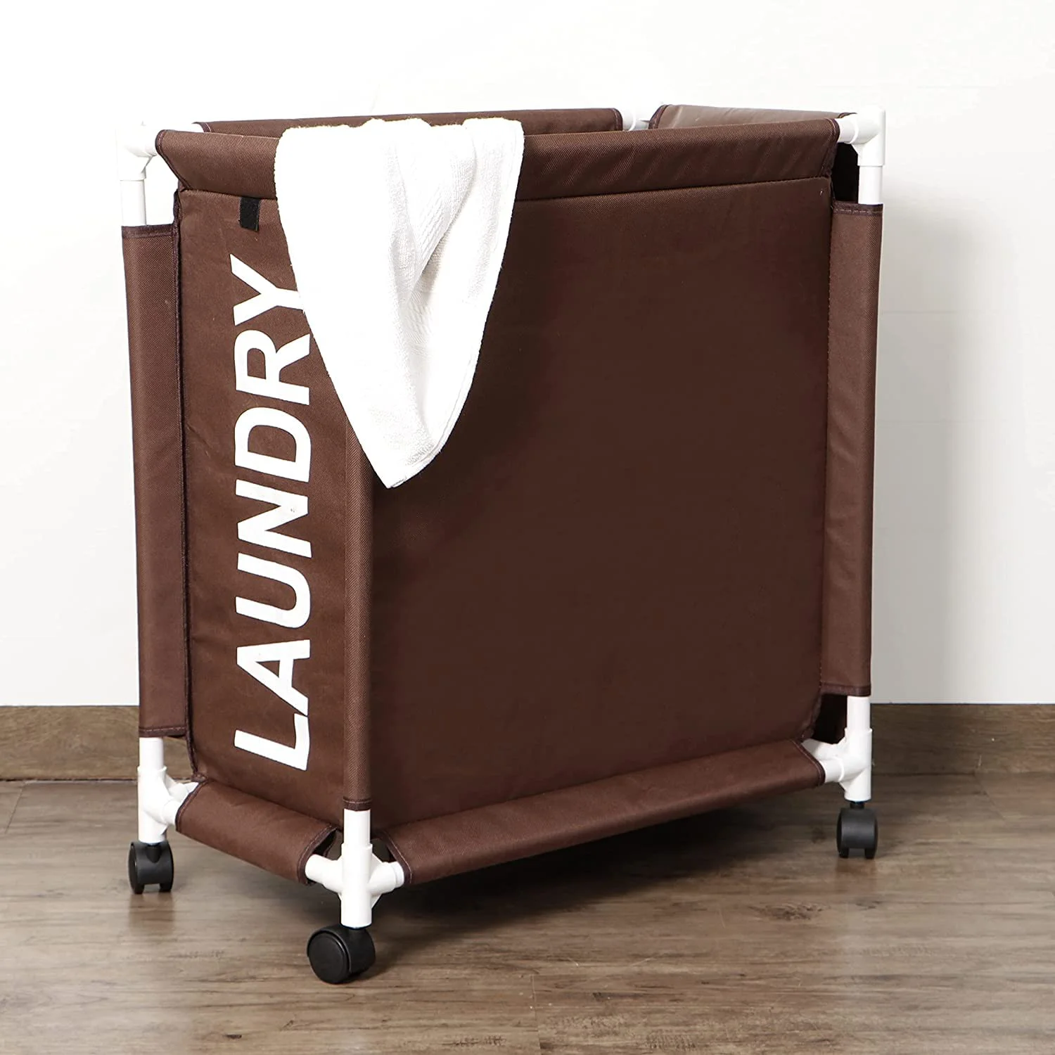 New Oxford Fabric Laundry Basket With Wheels | Laundry Hamper with Lid Cover | Rolling Laundry Clothes Basket Trolley, 65x30x58 cm, Brown
