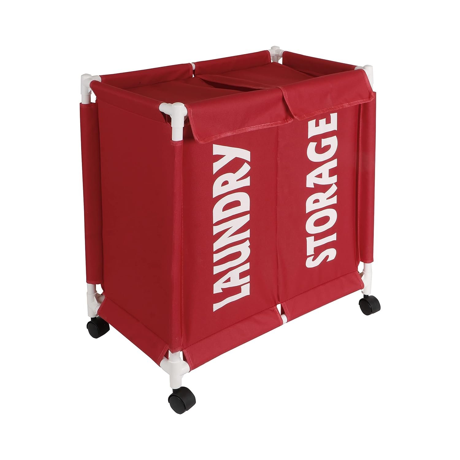 New Oxford Fabric Sorter Laundry Basket with Wheels | 2 Compartment Laundry Hamper with Lid Cover | Rolling Laundry Clothes Basket Trolley, 65x61x35 cm, Red New Oxford Fabric Sorter Laundry Basket with Wheels | 2 Compartment Laundry Hamper with Lid Cover | Rolling Laundry Clothes Basket Trolley, 65x61x35 cm, Red