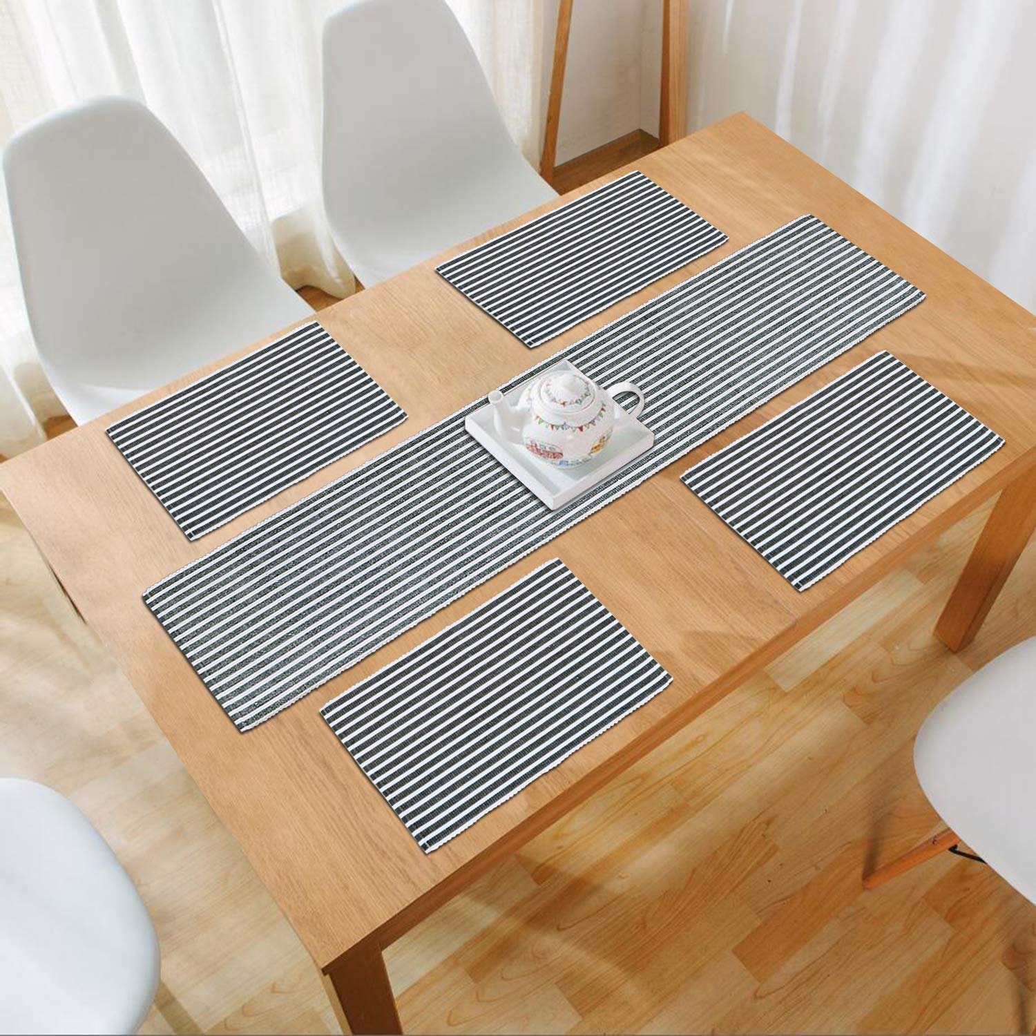 New Cotton Ribbed Washable 4 Table Mats with Runner, Stripped Grey New Cotton Ribbed Washable 4 Table Mats with Runner, Stripped Grey
