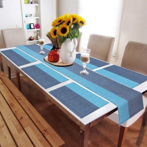 New Cotton Ribbed Washable 6 Table Mats with Runner, Sky Blue