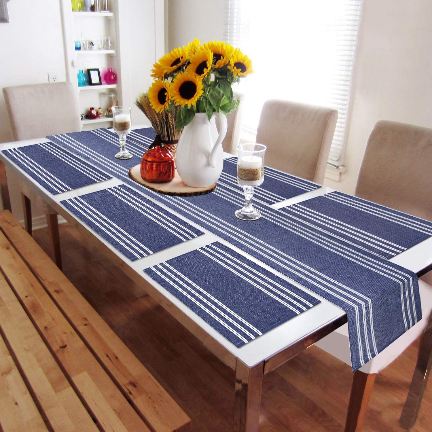 Cotton Ribbed Washable 6 Table Mats with Runner, Blue Cotton Ribbed Washable 6 Table Mats with Runner, Blue