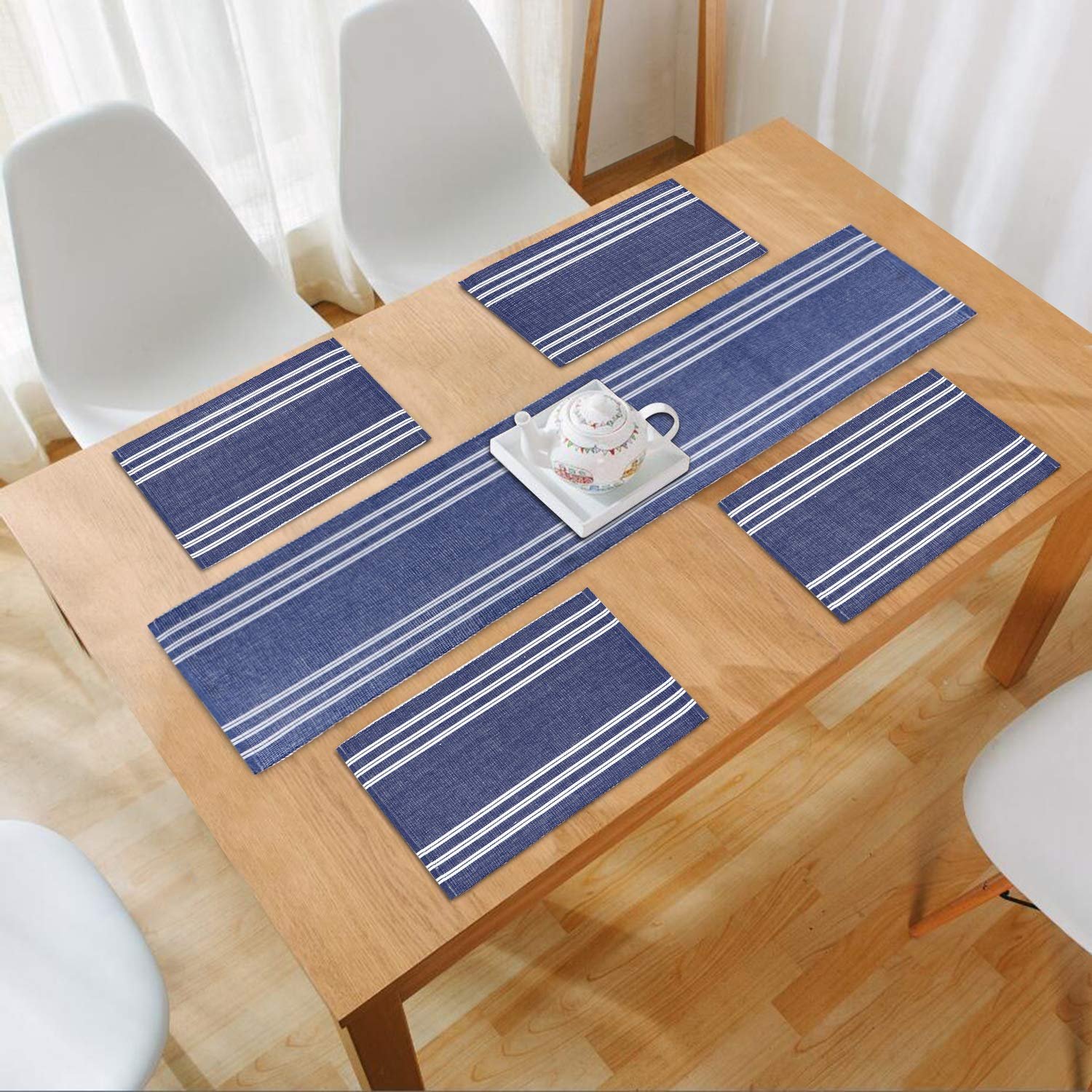 Cotton Ribbed Washable 4 Table Mats with Runner, Blue Cotton Ribbed Washable 4 Table Mats with Runner, Blue