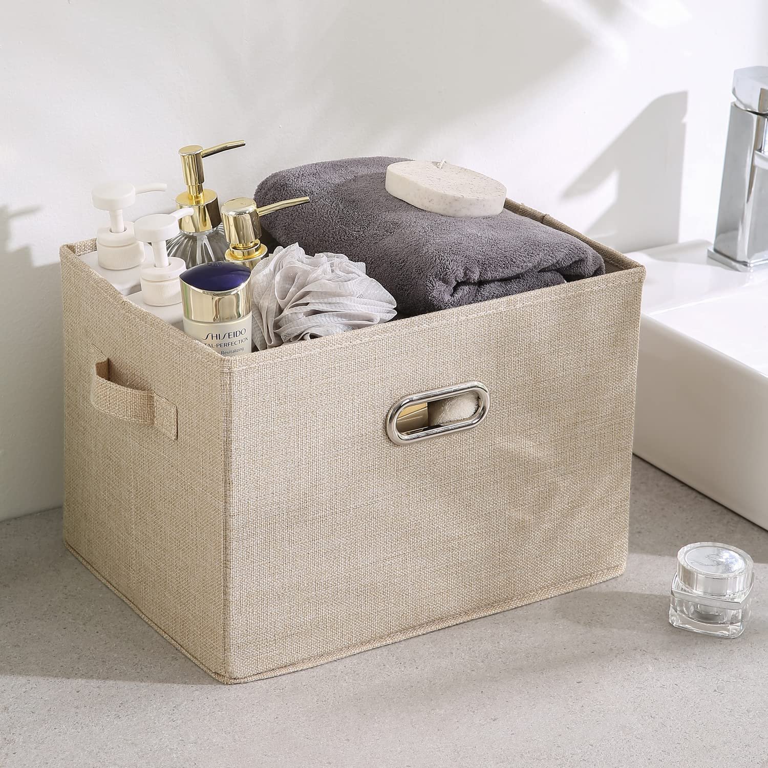Exclusive Multipurpose Storage Bins with Cover for Cupboard, Home and Office, Beige, Large, Pack of 2