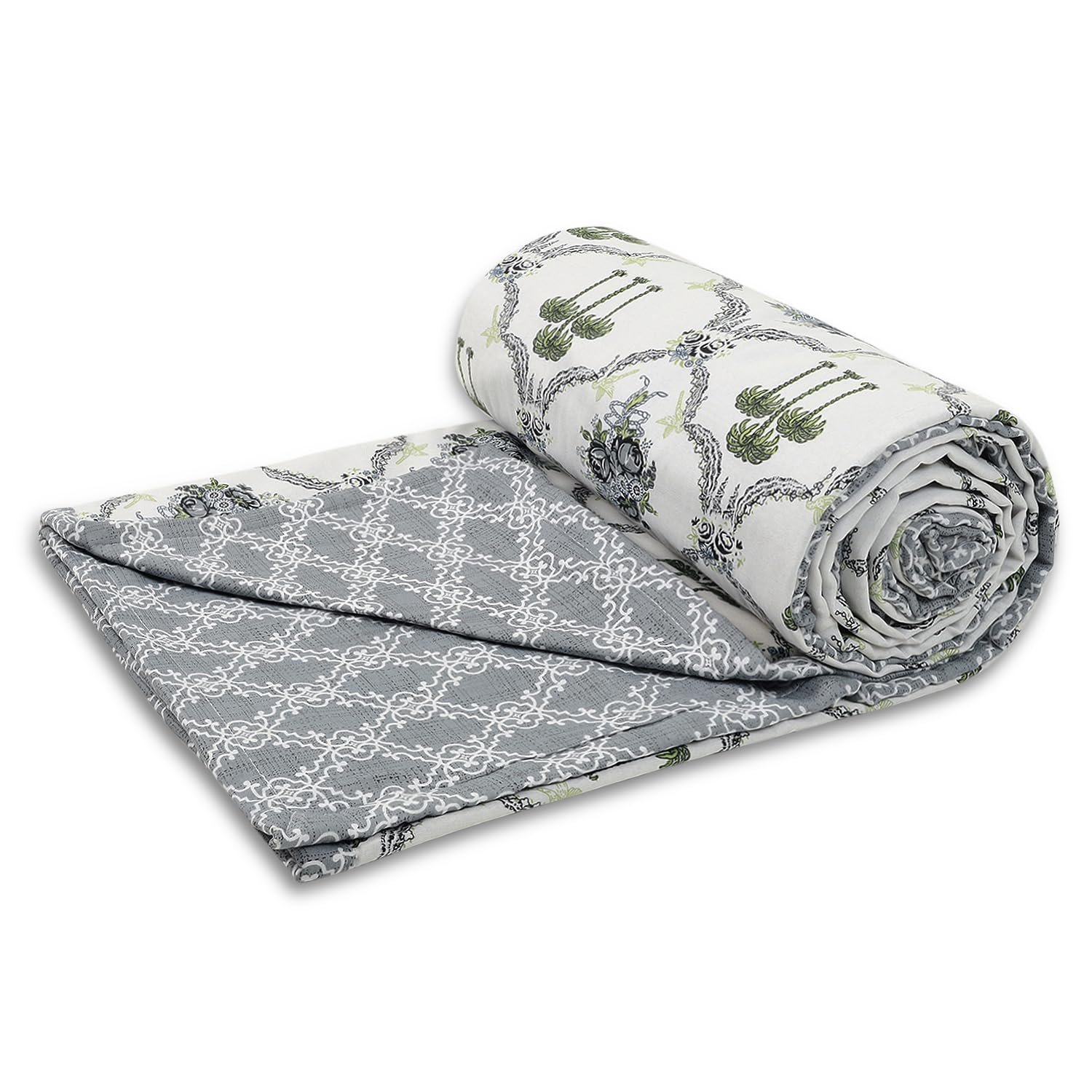 HK-DH-SNGL-OGPT1 Pure Cotton Reversible Dohar Single Bed Size | AC Blanket | Lightweight & Cozy Bedspread | Oxford Grey Palm Tree Design (56 * 88 Inches, 1 Pack