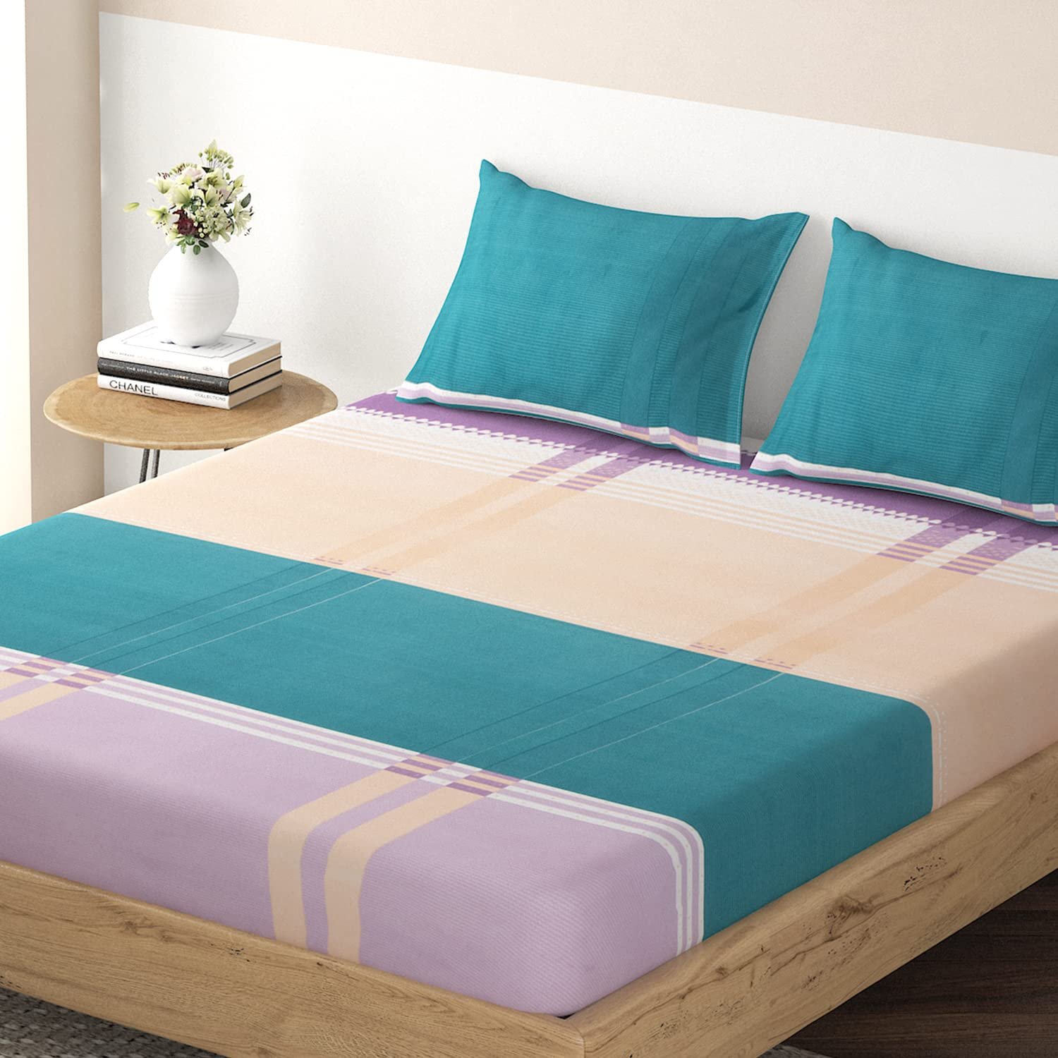 HK-EBS-CHKS-TB-KG1 Premium Brushed Microfiber King Size Fitted Bedsheets Set | 135 GSM | 78x72 inches | 2 Pillow Covers | Teal Blue Checks | Elasticized Fit | Luxurious Bedding Solution