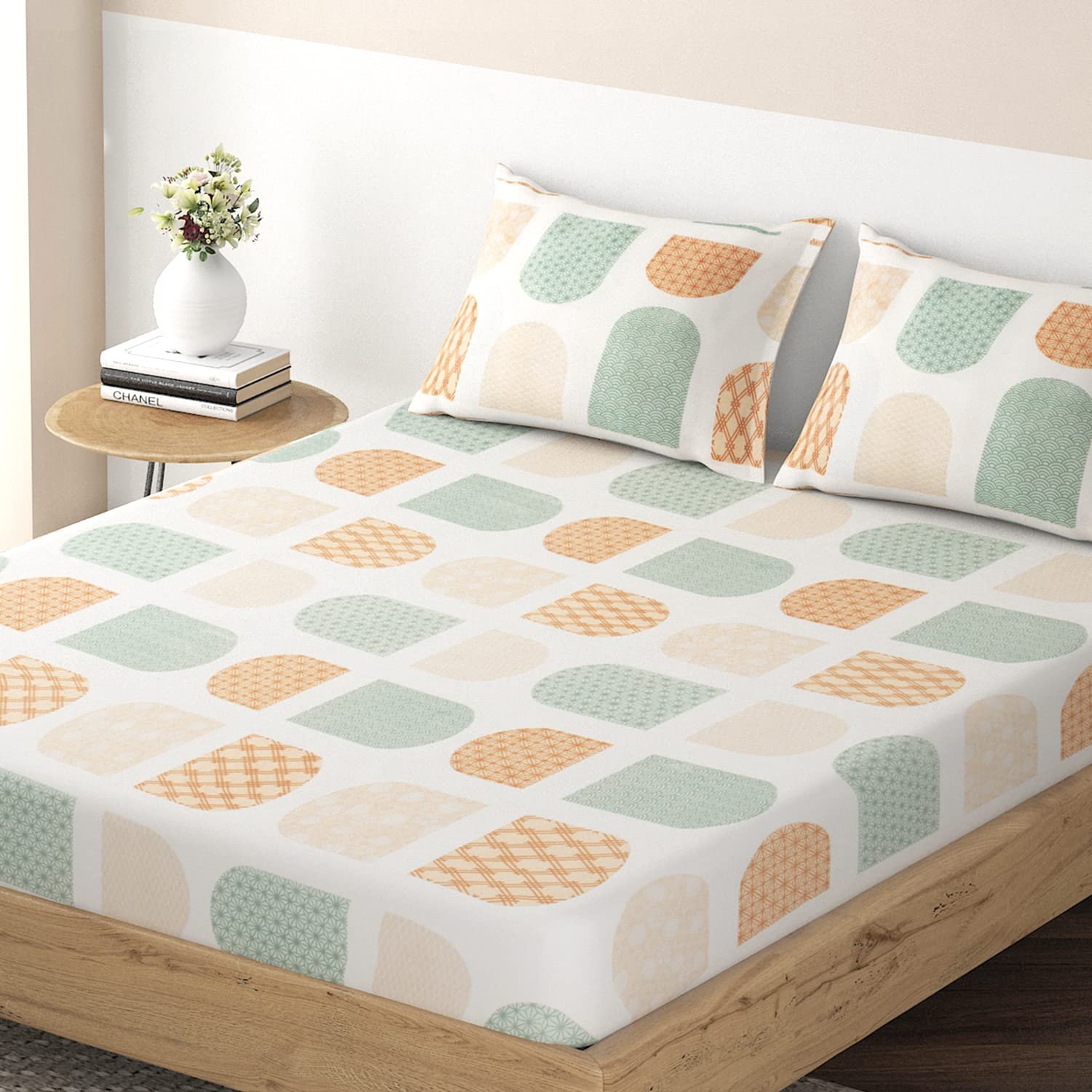 HK-EBS-IN-UCRM-QN1 Premium Brushed Microfiber 135 GSM Fitted Bedsheets Queen Size - Intricate U Cream | 78 x 60 inches | 2 Pillow Covers Included | Soft & Durable