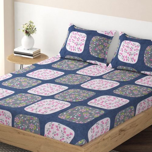 Ultra-Soft Brushed Microfiber 135 GSM Printed Fitted Bedsheets Queen Size with 2 Pillow Covers | Square Varied Floral Pink Design | Luxurious Comfort & Durability