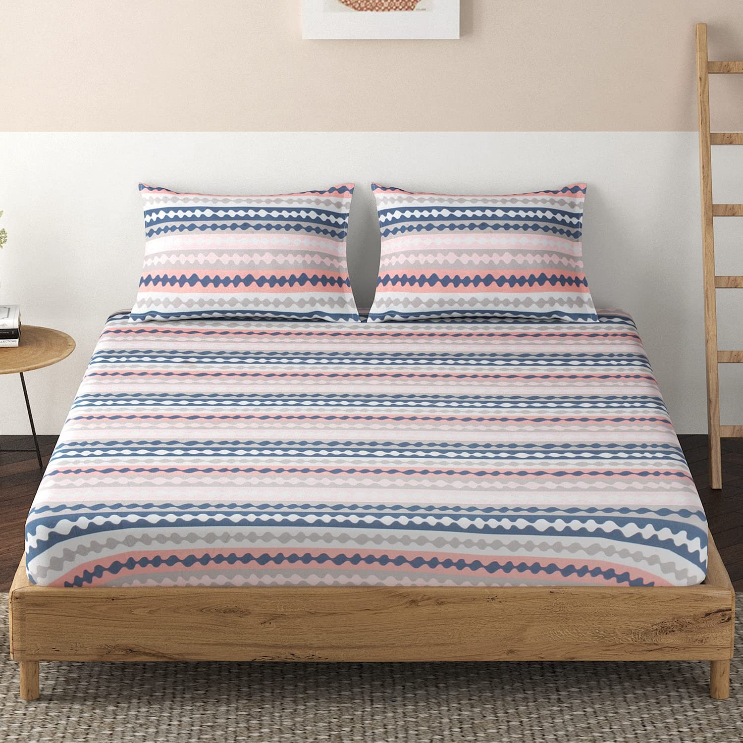 Premium Brushed Microfiber 135 GSM Fitted Bedsheets Queen Size - Spiral Stripes Aegean Blue | 78 x 60 inches | 2 Pillow Covers Included | Soft & Durable - Image 2