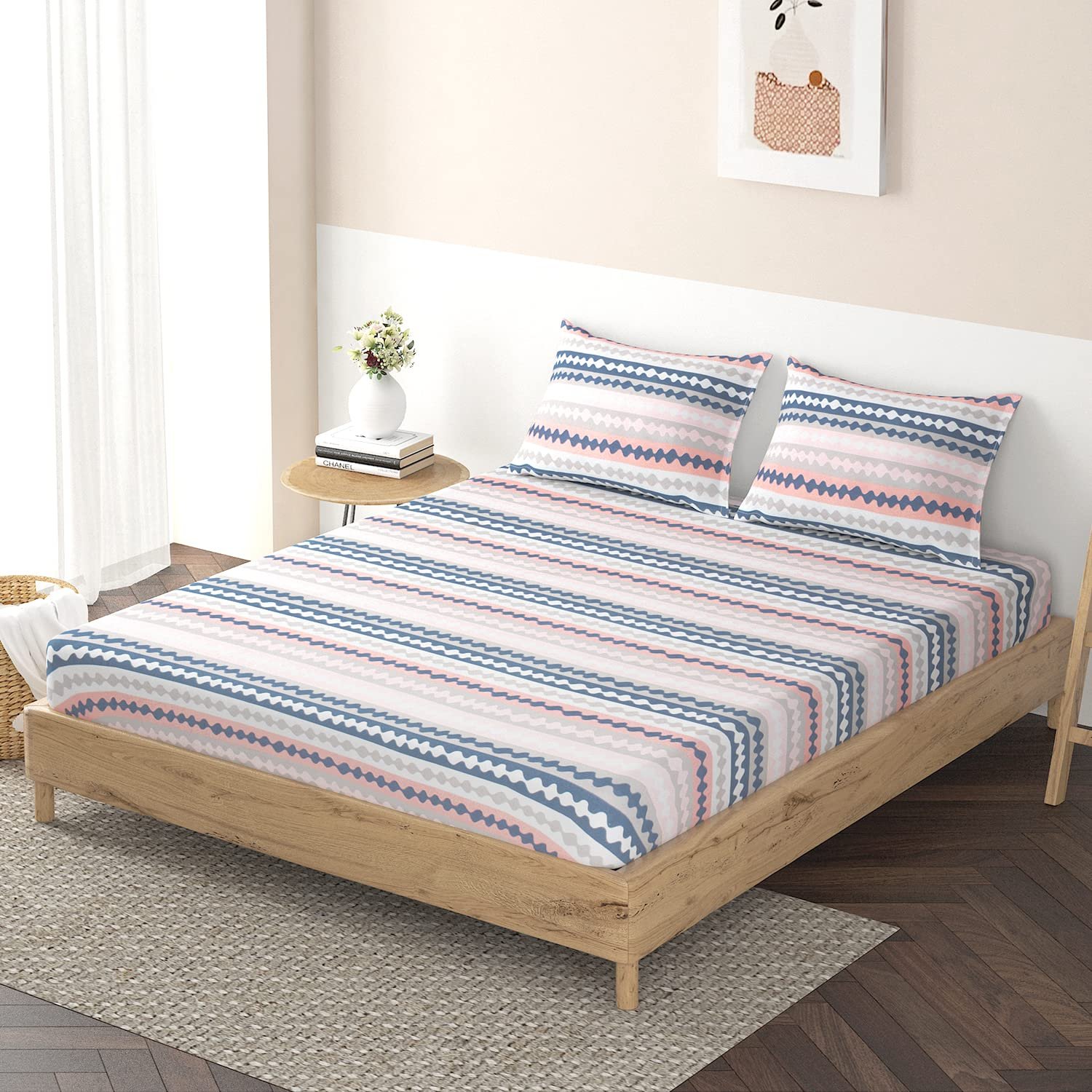 Premium Brushed Microfiber 135 GSM Fitted Bedsheets Queen Size - Spiral Stripes Aegean Blue | 78 x 60 inches | 2 Pillow Covers Included | Soft & Durable - Image 9