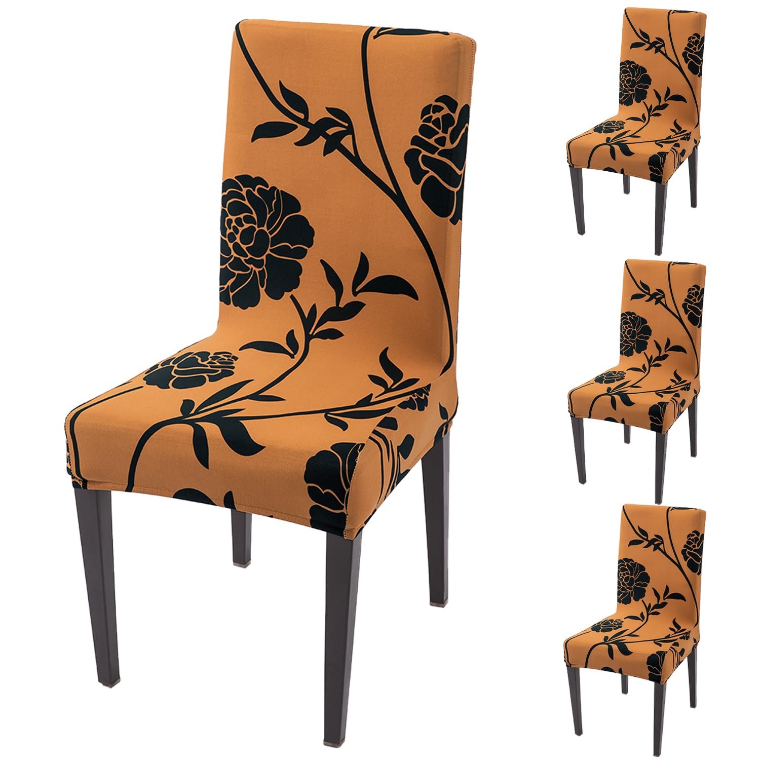 Premium 140 GSM Stretchable Dining Chair Covers - Copper Brown Floral Design Premium 140 GSM Stretchable Dining Chair Covers - Copper Brown Floral Design