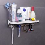 Magic Sticker Series Self Adhesive Bathroom Shelf for Toiletries With  Hooks For Accessories, Plastic, Black