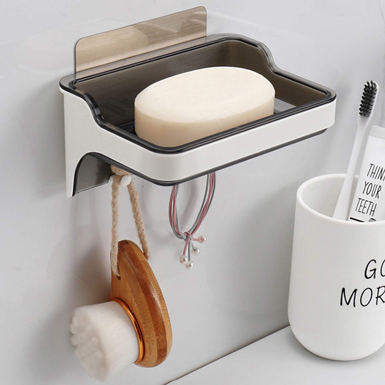 Self Adhesive Soap Tray for Kitchen, Bathroom, Washbasin with hanging hooks - Black-White