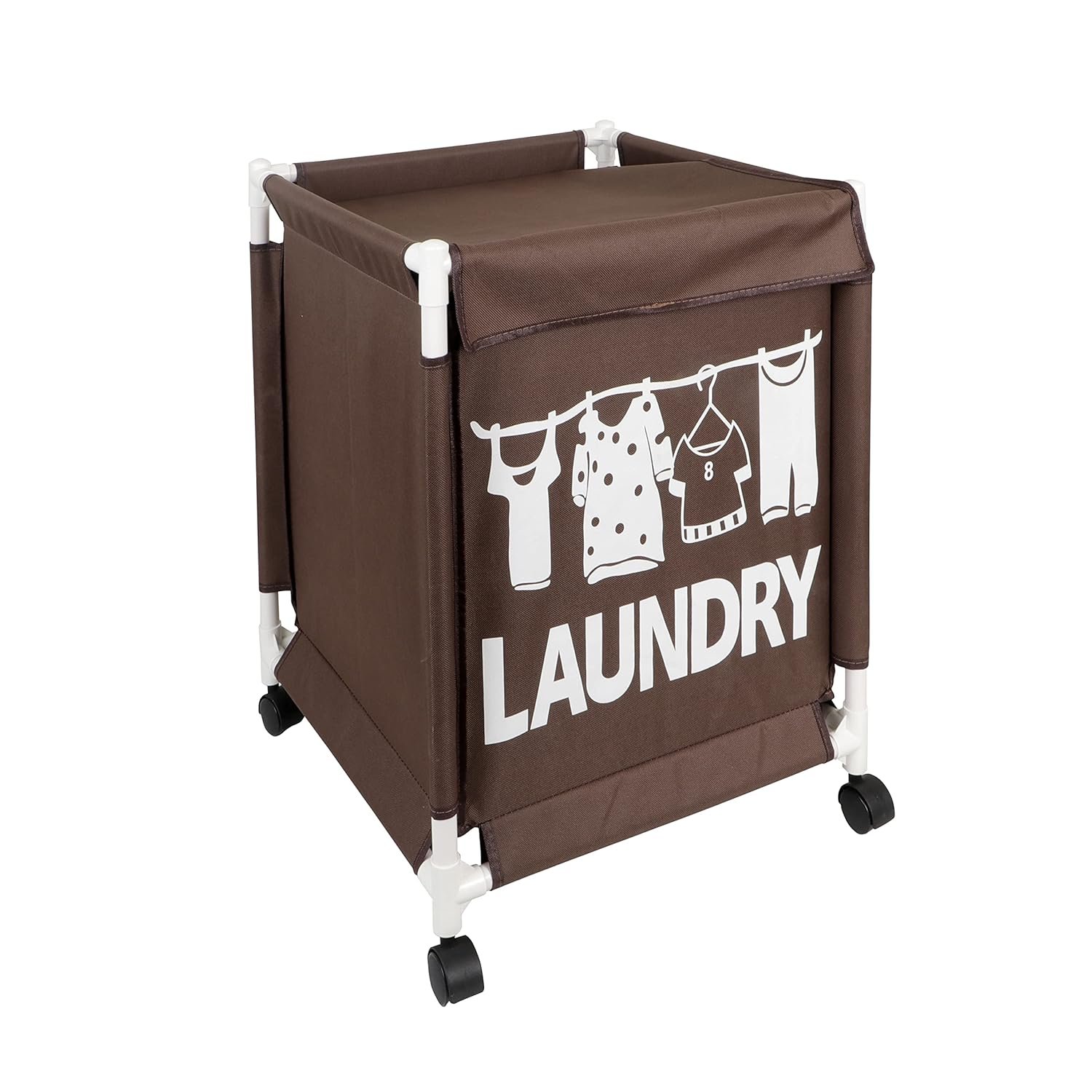 HK_LB_WH_BR Oxford Fabric Laundry Basket With Wheels | Laundry Hamper with Lid Cover | Rolling Laundry Clothes Basket Trolley, 60x44x44 cm, Brown