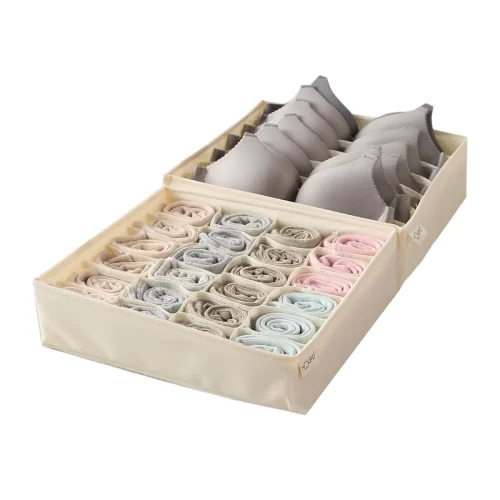 Premium Lingerie Organizer - Undergarment Storage Box for Drawers | Bra, Panty, Socks & Tie Wardrobe Organizer, Pack of 4 (24x24x7x7 pockets), Beige
