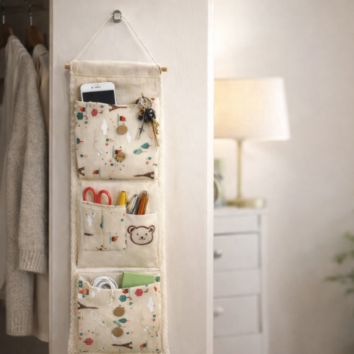 Lace Fabric 3-Layer Pocket Wall Door Hanging Storage Bag – Colorful Cloth Organizer (Cream, 29 x 73 cm)