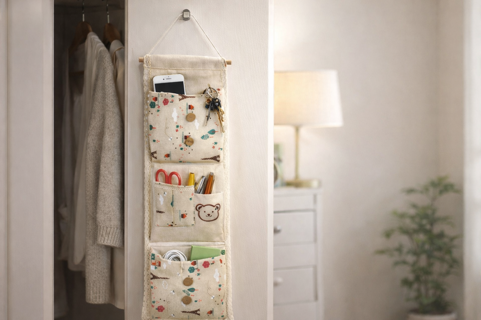 Lace Fabric 3-Layer Pocket Wall Door Hanging Storage Bag – Colorful Cloth Organizer (Cream, 29 x 73 cm)