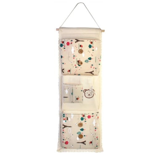 Lace Fabric 3-Layer Pocket Wall Door Hanging Storage Bags – Colorful Cloth Organizer (Cream, 29 x 73 cm)