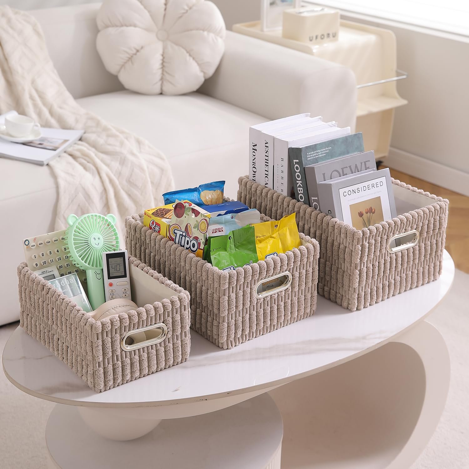 HK-BSKT3-LC1 Plush Storage Organizer Baskets for Home – Set of 3 (Latte Coffee, Durable Fabric & Foldable)