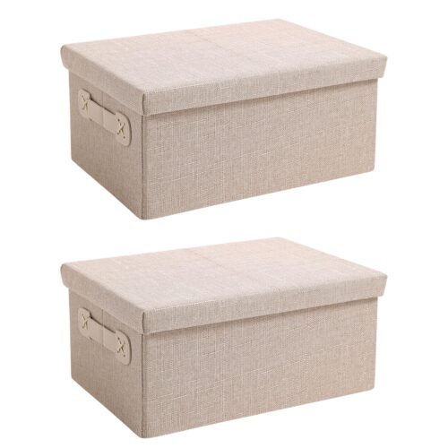 Exclusive Cardboard & Linen Foldable Storage Box with Lid – Beige (Pack of 2)