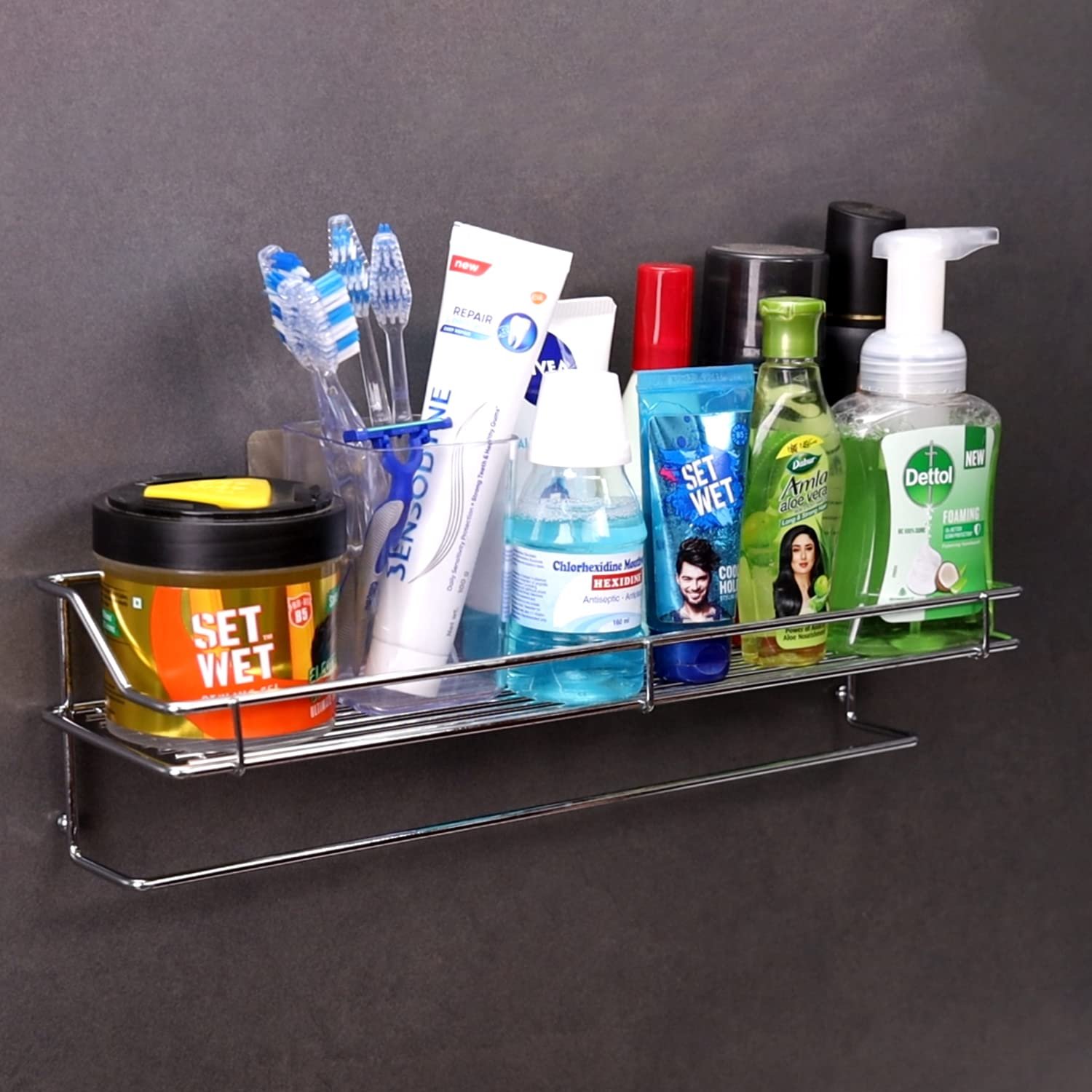 HK-MS-SS-RACK-THLDR1 Self Adhesive Chrome Plated Kitchen & Bathroom Shelf with Towel Holder – Magic Sticker Series, No Drill Wall Mounted Rack