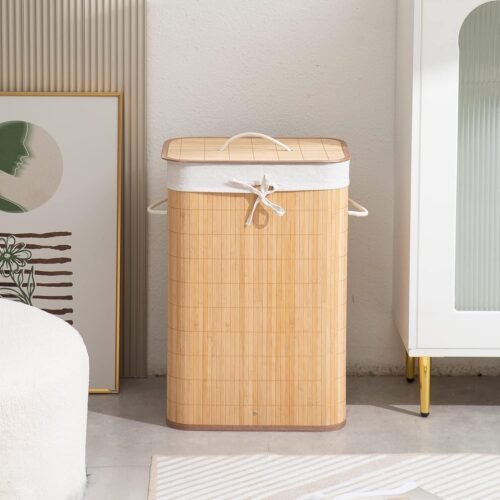 Premium Eco-Friendly Foldable Bamboo Laundry Basket for Clothes with Lid – Large 81L Hamper with Handles (Natural Brown)