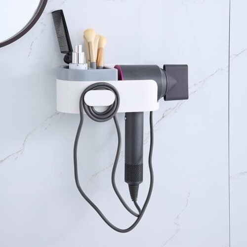 Self Adhesive Hair Dryer Stand with Storage Shelf – No Drilling Wall Mounted Holder for Bathroom, Combs, Brushes & Makeup Tools