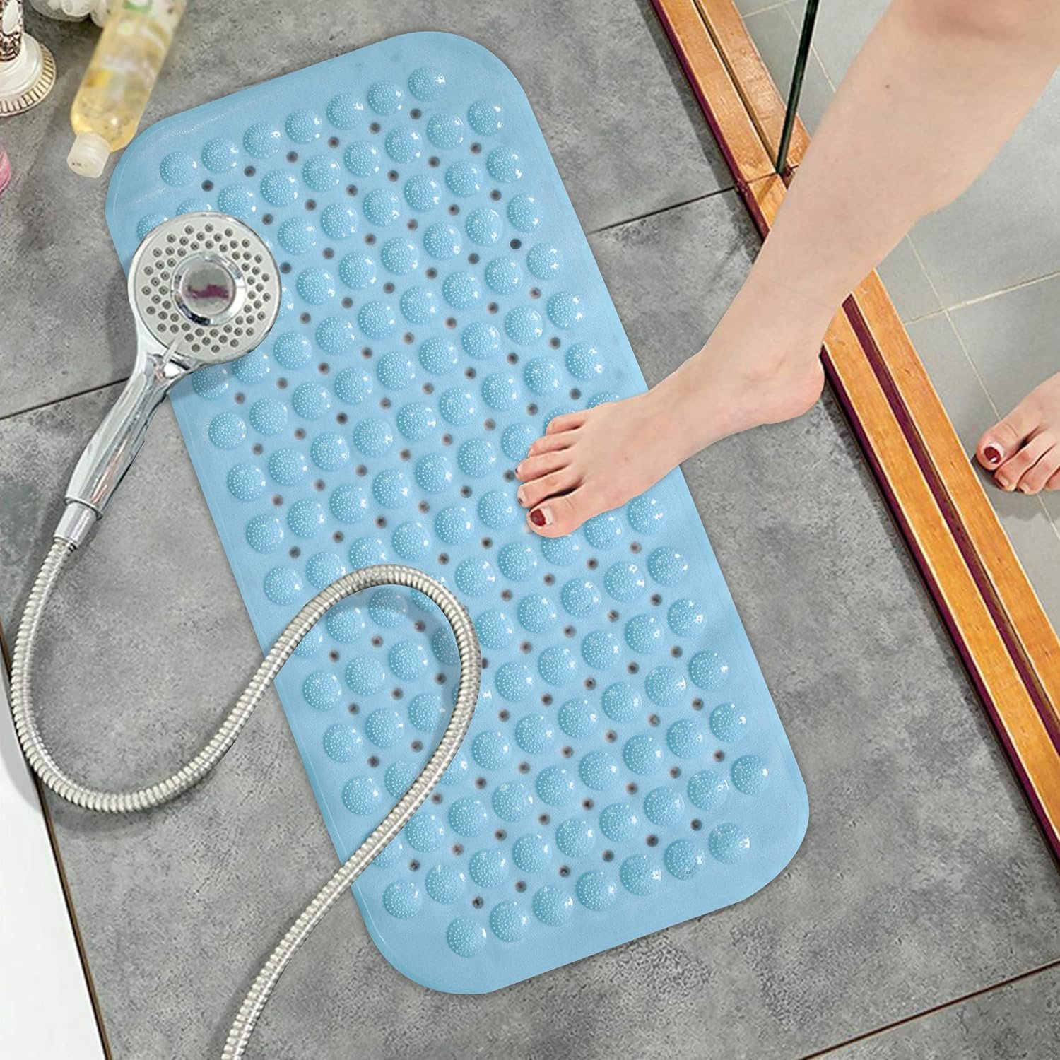 Anti-Skid Shower Mat for Bathroom – Large Non-Slip Bath Mat with Suction Cups, Drain Holes & Foot Scrubber Massage (Blue, PVC, 71 x 36 cm)